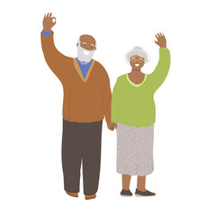 Fototapeta na wymiar Vector flat illustration of happy cheerful senior couple of african american man and woman, holding hands, waving hands, showing OK Sign. Joyful Older man and woman concept