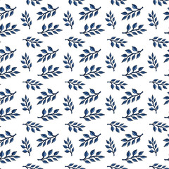 Fototapeta na wymiar watercolor illustration. hand painted. Seamless pattern of blue branches with leaves on a white background.