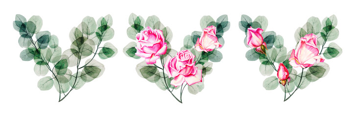 Beautiful watercolor eucalyptus and pink roses heart bouquets. Hand drawn set. For greeting cards, invitations, decoration, pattern, floral print, floristic design.  Wedding, birthday, Valentine, love