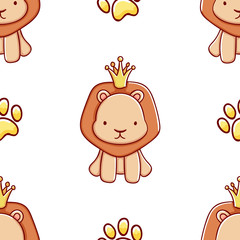 Simple seamless pattern, cute kawaii hand drawn lion doodles