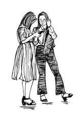 Fototapeta na wymiar Illustration Hand drawn Sketch - Two Asian women hold cell telephones and stand to talking, outline vecter.