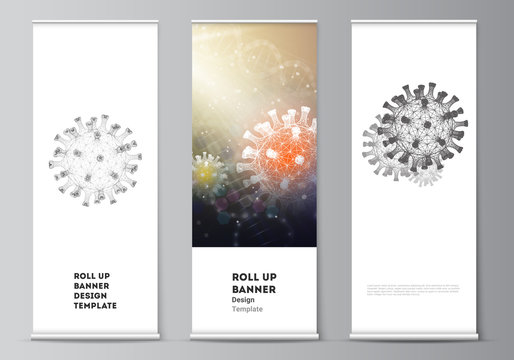 Vector layout of roll up mockup design templates for vertical flyers, flags design templates, banner stands. 3d medical background of corona virus. Covid 19, coronavirus infection. Virus concept.