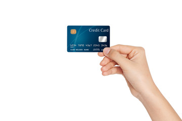 Woman hand holding and showing blue mock up  credit card, front side view, isolated on white...