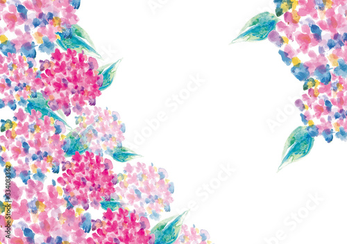 紫陽花 あじさい寺 花 6月 7月 梅雨 季節の花 水彩 手書き イラスト 背景 背景素材 手描き フレーム 枠 飾り枠 囲み枠 カラフル にじみ バックグラウンド 植物 自然 白バック アジサイ 初夏 あじさい 模様 素材 緑色 夏 葉 水彩画