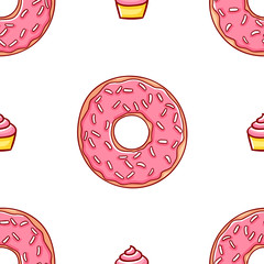 Simple seamless pattern, cute kawaii hand drawn donuts doodles