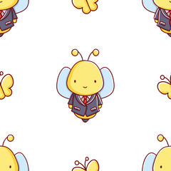 Simple seamless pattern, cute kawaii hand drawn bee doodles