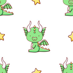 Simple seamless pattern, cute kawaii hand drawn dragon doodles