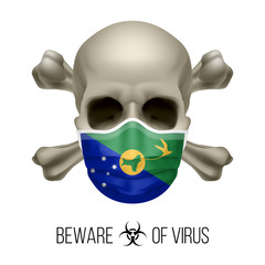 Human Skull with Crossbones and Surgical Mask in the Color of National Flag Christmas Island. Mask in Form of the Flag and Skull as Concept of Dire Warning that the Viral Disease Can be Fatal.