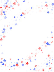 Flying red blue white star sparkles on white vector american patriotic background.