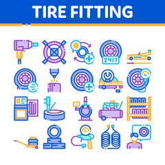 Tire Fitting Service Collection Icons Set Vector. Tire Fitting Station Equipment Pump And Jack, Diagnostic Device And Wheel Repair Tool Concept Linear Pictograms. Color Illustrations