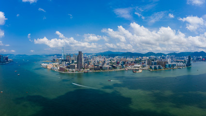 Drone fly over Hong Kong city