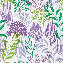 Coral reef seamless pattern., Australian staghorn and pillar corals branches.