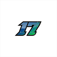Vector Racing number 17, start racing number, sport race number with blue green color and halftone dots style isolated on white background