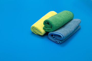 Colorful, dry microfiber cloths for different surfaces cleaning in kitchen, bathroom and other rooms.