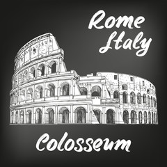 Colosseum, an ancient amphitheatre, an architectural historical landmark of Rome, Italy. hand drawn vector illustration sketch, drawn in chalk on a black board