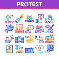 Fototapeta na wymiar Protest And Strike Collection Icons Set Vector. Plant Workers Protest, Respiratory Mask And Burning Liquid Bottle, Police Tool And Van Concept Linear Pictograms. Color Illustrations