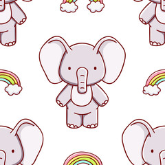 Simple seamless pattern, cute kawaii hand drawn elephant doodles