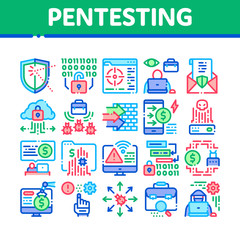 Pentesting Software Collection Icons Set Vector. Pentesting Programming Code, Cybersecurity Shield, Web Site Penetration Test Concept Linear Pictograms. Color Illustrations