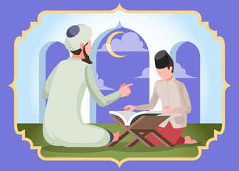 Flat Vector Illustration Representing A Muslim Boy Learning Koran with Grand Master at Mosque During Ramadan