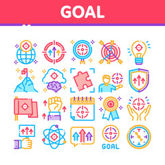 Goal Target Purpose Collection Icons Set Vector. Goal Aim On Planet And Lightbulb, Atom And Flag, Calendar And Medal Award Concept Linear Pictograms. Color Illustrations