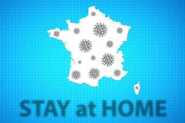Stay at home writing with virus icons on France map on blue background