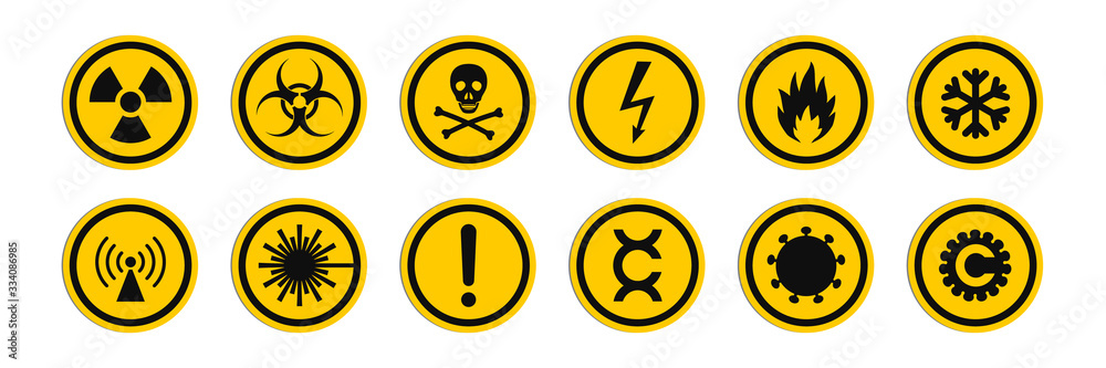 Wall mural circular signs of a hazard warnings. round signs with varied danger symbols. - Wall murals