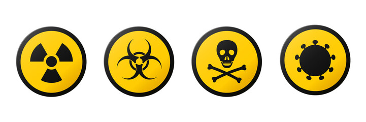 Circular signs of warnings of the danger : ionizing radiation, biological hazard, coronavirus, poison