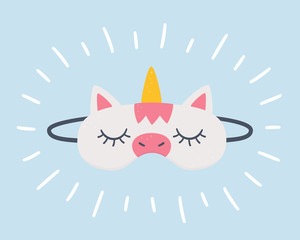 Sleep mask in the shape of a unicorn. A symbol of sound sleep, fairy-tale dreams and a pajama party. Hand drawn vector illustration