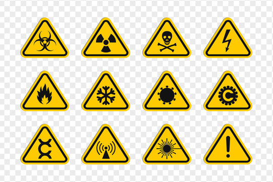 Rounded triangular signs of a hazard warnings. Triangular signs with varied danger symbols.