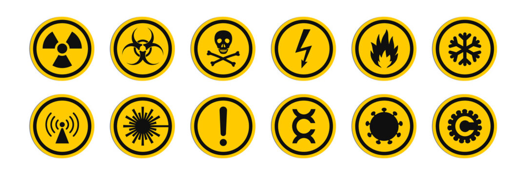 Circular signs of a hazard warnings. Round signs with varied danger symbols.