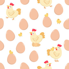 Cute hen, chick and eggs seamless pattern. Chicken and baby background. Animal and food cartoon character. Vector