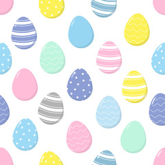Colourful Easter eggs seamless pattern. Healthy food background. Vector.