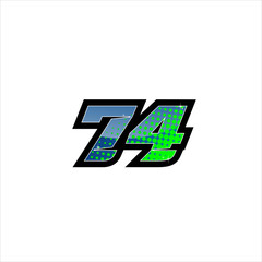 Vector Racing number 74, start racing number, sport race number with blue green color and halftone dots style isolated on white background