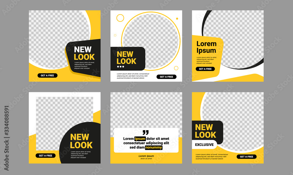 Canvas Prints set of editable square banner template. black and yellow background color with stripe line shape. su