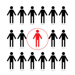 Social distancing and self isolation during the coronavirus COVID19 quarantine. Crowd of people and infected red person in the isolated buble. Concept vector illustration.