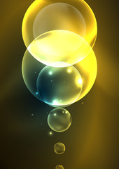 Glowing neon shiny transparent bubbles, glass circles or bio cell concept. Techno futuristic vector abstract background For Wallpaper, Banner, Background, Card, Book Illustration, landing page