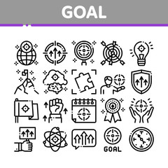 Goal Target Purpose Collection Icons Set Vector. Goal Aim On Planet And Lightbulb, Atom And Flag, Calendar And Medal Award Concept Linear Pictograms. Monochrome Contour Illustrations