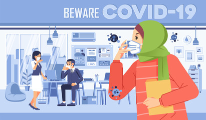 COVID-19 virus spreading in office, self awareness, wearing mask and avoid crowd