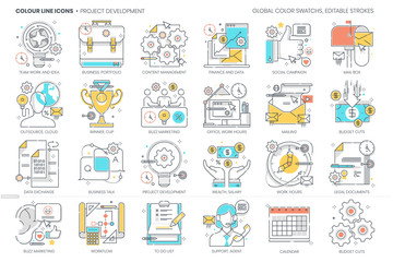 Project development related, color line, vector icon, illustration set