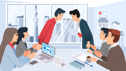 meeting business cooperation with japan, people gathering in meeting room and giving greeting illustration