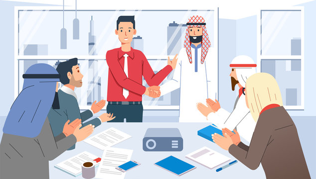 meeting business cooperation with Arabicbusinessman, gathering in meeting room vector illustration