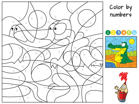 Crocodile. Color by numbers. Coloring book. Educational puzzle game for children. Cartoon vector illustration