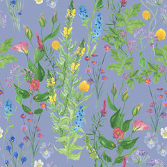 Fototapeta na wymiar Watercolor painting seamless pattern with wildflowers