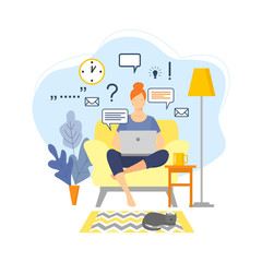 Woman with laptop sitting on the armchair. Freelance or studying concept. girl works at a computer in a home interior. vector