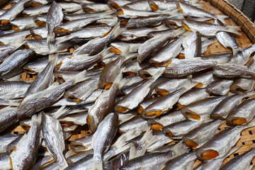 Top view of Dried sea fishes in Thailand