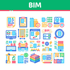 Bim Building Information Modeling Icons Set Vector. Building Document And Plan, Research And Build Construction, Bridge And Apartment Concept Linear Pictograms. Color Illustrations