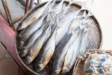 Top view of Dried sea fishes in Thailand