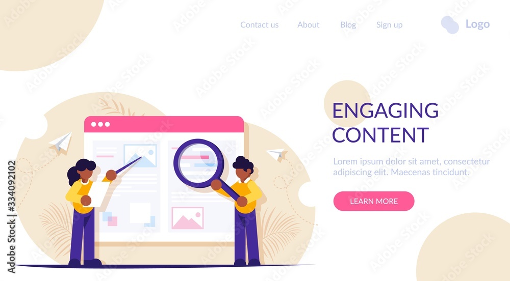 Poster the process of creating engaging content for a website or blog. man with a magnifying glass and a po