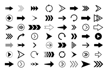 Arrows set. Black direction symbols. Graphic icons of up, down, right, next, cursor, back, circle, refresh, rewind, repeat, forward, pointer for web orientation. Simple digital shapes, lines. Vector