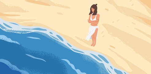 Bewildered woman standing in front of sea wave vector graphic illustration. Lonely pensive cartoon female looking at natural seascape stand on sand top view. Fear of starting concept